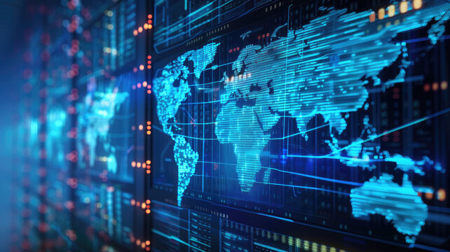 Digital world map combined with server rooms. Background for technologies. Server rooms.