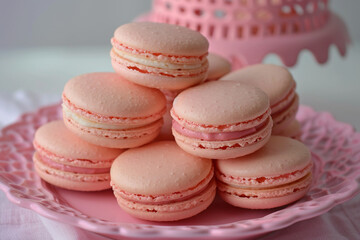 Obraz premium A stack of pink macarons arranged neatly on a pink plate.