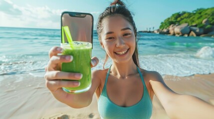 Fitness selfie woman drinking green vegetable smoothie taking self portrait photograph with smart phone after running exercise workout on beach. Healthy lifestyle with fit Asian Caucasian girl
