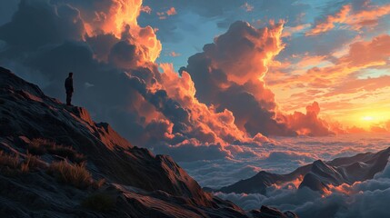 silhouette of man on top of mountain peak at sunset. Created with generative AI.