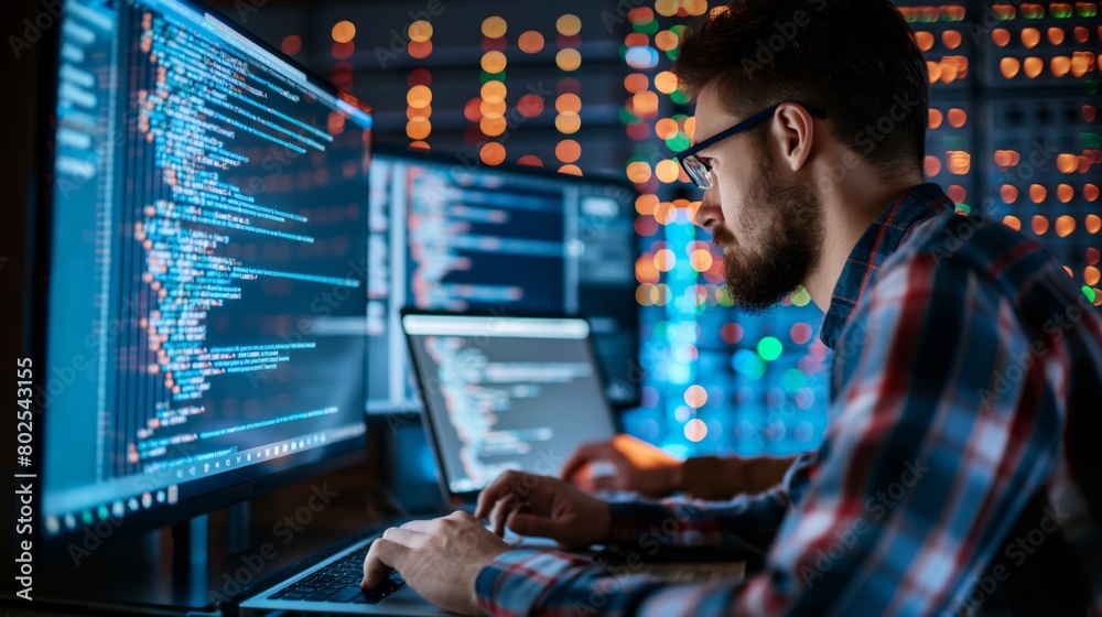 Poster An IT specialist in the data center types and checks the program code using a laptop and a PC, studies new technologies for analyzing and protecting data to further improve information storage systems