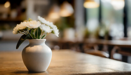 Ceramic vase with mixed wildflowers on wooden table. Restaurant or cafe interior background with bokeh.space for product