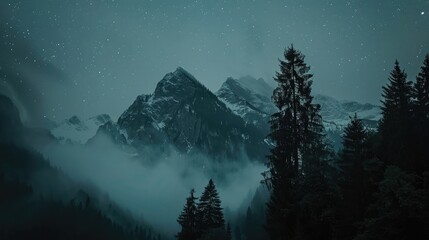 Swiss night sky with foggy mountain