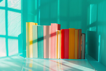 A stack of colorful books standing upright on a transparent surface.