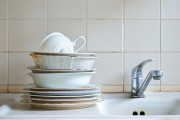 A stack of clean dishes in a plain white sink.