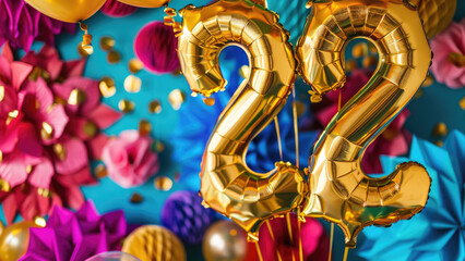 Festive gel balls with the number "22" in gold color on a background of bright decorations, bright background, birthday celebration, holiday
