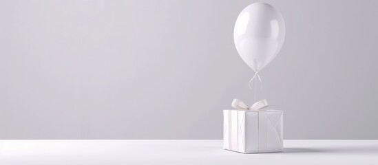 White present box with white balloon against a white backdrop. Simple holiday season theme for Christmas and New Year.