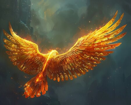 Fototapeta Radiant Rune inscriptions on Phoenix Feather wings