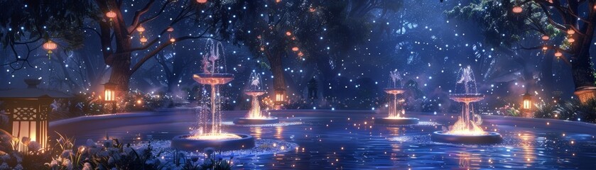 Lunar Lanterns highlight the beauty of Sapphire Swirl fountains