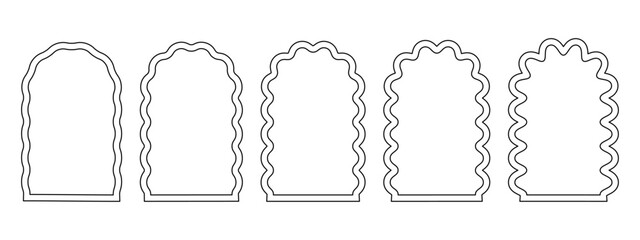 Set of arch frames with wavy borders edges. Archway shapes with curved edges. Wiggly vignettes or mirrors, portals or doors, empty text boxes isolated on white background. Vector graphic illustration.