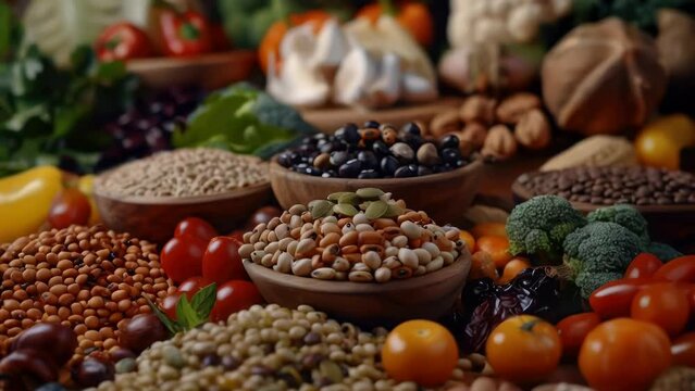 A variety of fruits and vegetables are displayed in bowls on a table