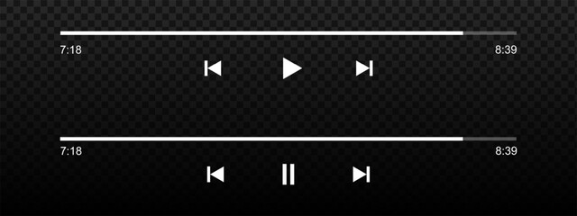 Set of audio or video player progress loading bars with time slider, play and pause, rewind and fast forward buttons. MP3, podcast or audiobook playback panel interface. Vector graphic illustration.