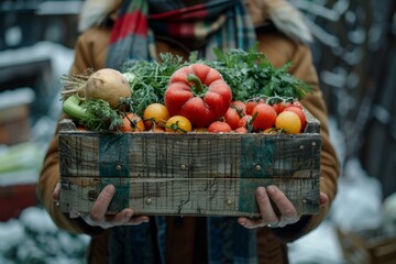 Person grasps a wooden box loaded with fresh vegetables