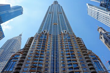 Naklejka premium Ziggurat-Inspired Deco Skyscraper with Stepped Roof Balconies