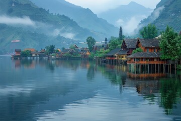 Naklejka premium Stilted Haven: A Waterborne Village of Tranquility