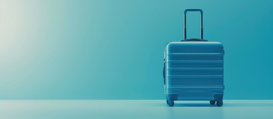 Minimal travel concept with a blue suitcase against a soft blue background.