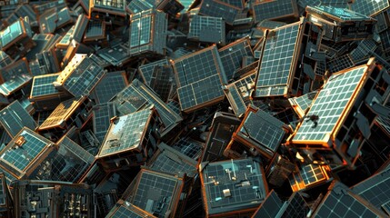 Obraz premium The environmental concept pile of solar cell panels at junkyard