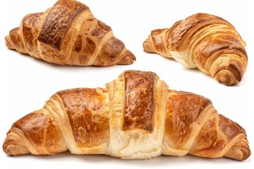 Croissant bread closeup isolated isolated on white background. display, whole and side view. frontal full view. lifestyle studio shoot. closeup view - generative ai