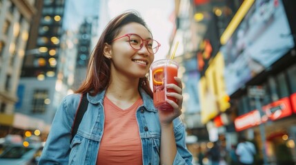 Urban city lifestyle hipster asian woman drinking healthy fruit vegetable berry juice smoothie...