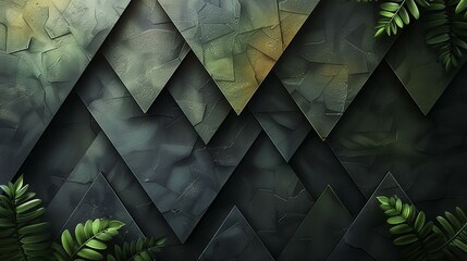 Dark green and black diamond-shaped tiles with mossy textures and jungle foliage in the style of nature