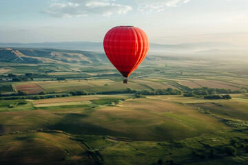 A solitary red hot air balloon floating above a green countryside.