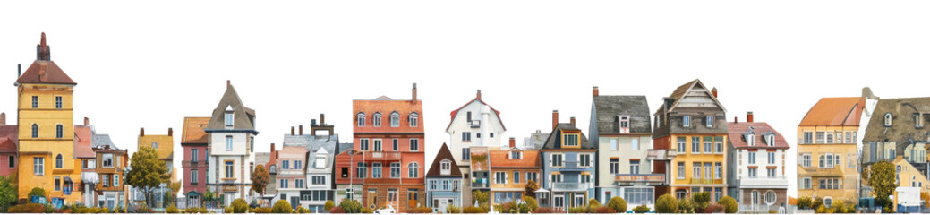 Fototapeta premium Panoramic view of colorful European style houses isolated on transparent background