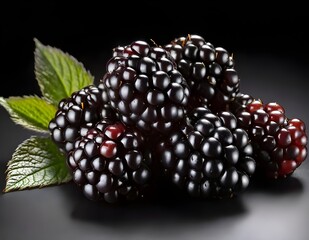 Blackberries with leaves on black background. Fruits and summer berries illustration