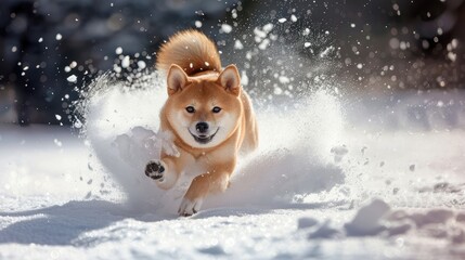 The Shiba Inu Japanese dog plays in the snow in winter.