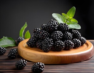 Ripe blackberries and leaves on a wooden table. Fruits and summer berries illustration