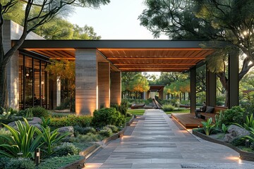 Obraz premium Canopied Monorail Station Design in a Verdant Park Setting