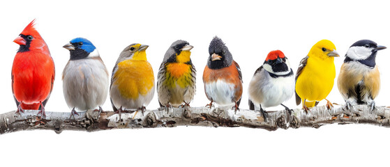 Fototapeta premium Colorful birds in a row isolated on transparent background