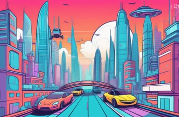 Futuristic cityscape with flying cars and tall skyscrapers