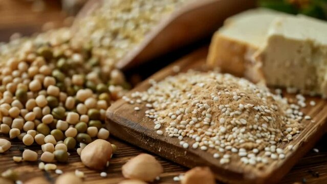 A wooden cutting board with a variety of nuts and grains on it