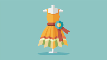 An upcycled dress made from repurposed curtains and vintage ribbons takes home the top prize at the thrift store art competition.. Vector illustration