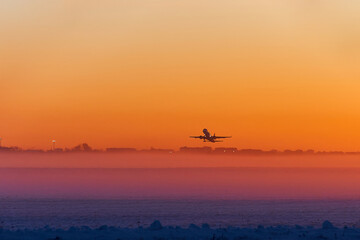 The plane is landing at dawn in heavy fog in winter. The silhouette of an airplane against the sky