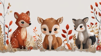 vector illustration with forest animals on a white background. Bear deer rabbit wolf owl squirrel fox deer hedgehog wild boar