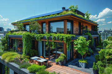 Fototapeta premium Solar-Powered Oasis: Eco-Friendly Office with Green Roof Terrace
