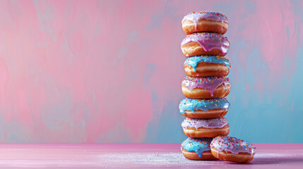 colorful donuts stacked on pink gradient background, with copy space for text