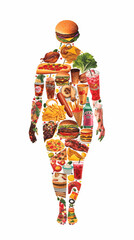 A woman's body is made up of various foods and drinks, including a hamburger
