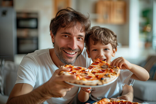 Father and son holding a pizza together indoors, sharing a special moment. - Powered by Adobe