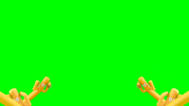 cycled animation of Inflatable yellow sky dancers moving wit the air. Funny cartoon characters party, isolated on green background.