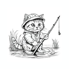 Black and white coloring book page of catfishing with a fishing rod vector design