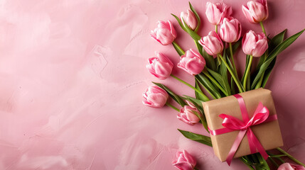 pink tulips with gift box for the mother's day on pastel pink background, with a copy space for text