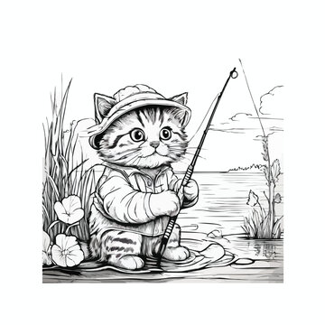 Black and white coloring book page of catfishing with a fishing rod vector design