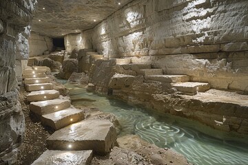 Ethereal Illumination: Subterranean Architecture Carved in Monolithic Rock Formation