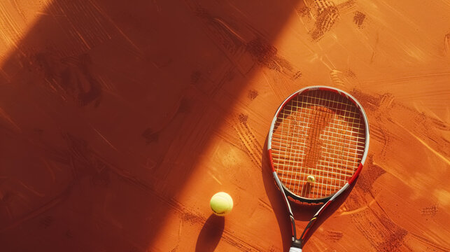 tennis racquet and ball on a textured orange clay court, with copy space for text
