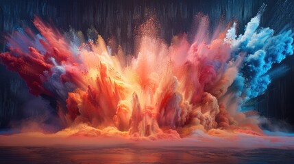Abstract art featuring an explosive blend of vibrant colors in space, scattering bright particles across a dark background.