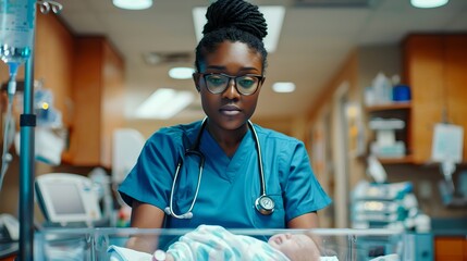 Dedicated nurse in scrubs caring for newborn in hospital. Medical professional at work. Healthcare concept captured in modern style. Portrayal of compassion and responsibility. AI
