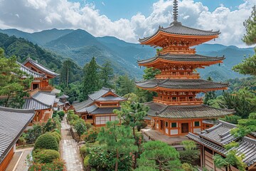 Japanese Temple Majesty: Wooden Carvings and Tiered Pagoda Reaching to the Heavens