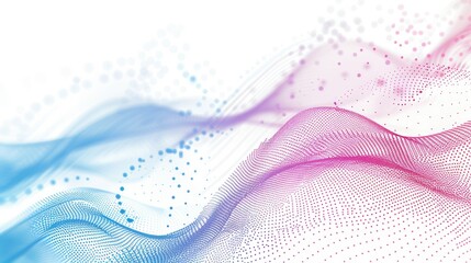 Abstract dot particles wavy flowing curve pattern by colorful gradient blue purple pink on white background